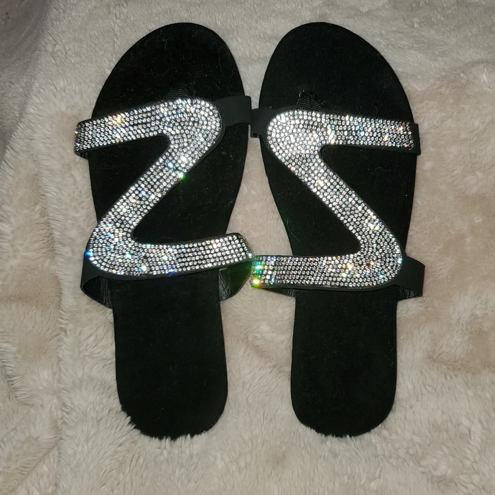 Black Velvet Rhinestone Flip Flops